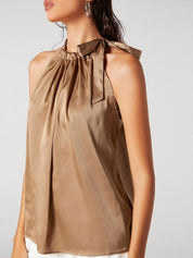 Kotty Brown Tie-Up Neck Sleeveless Satin Top