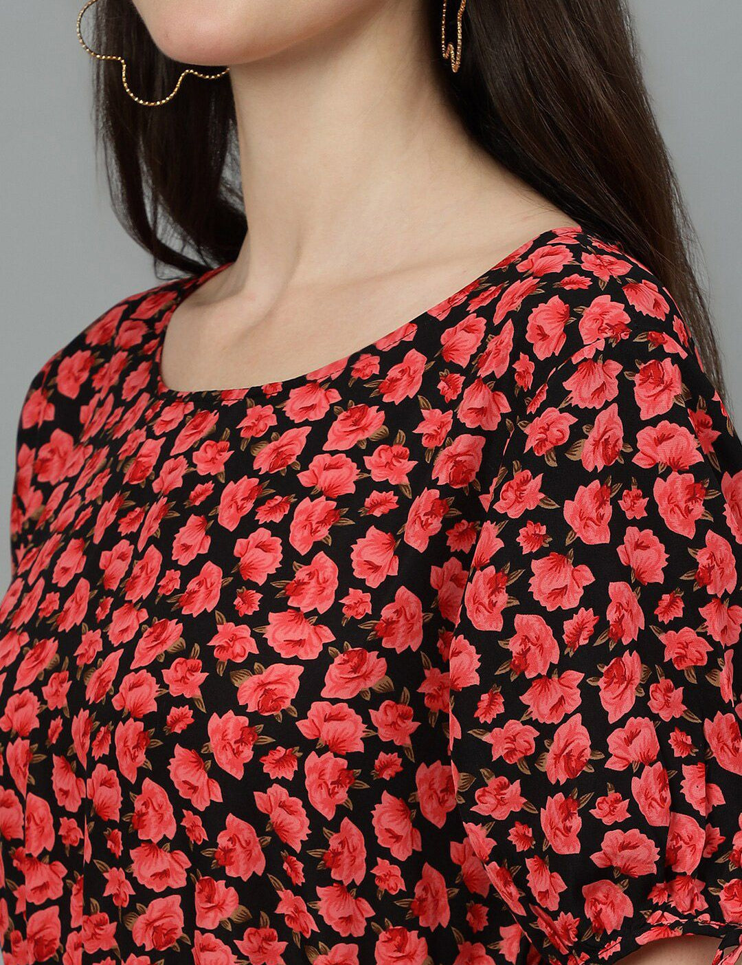 Kotty Red & Black Floral Print A-Line Midi Dress