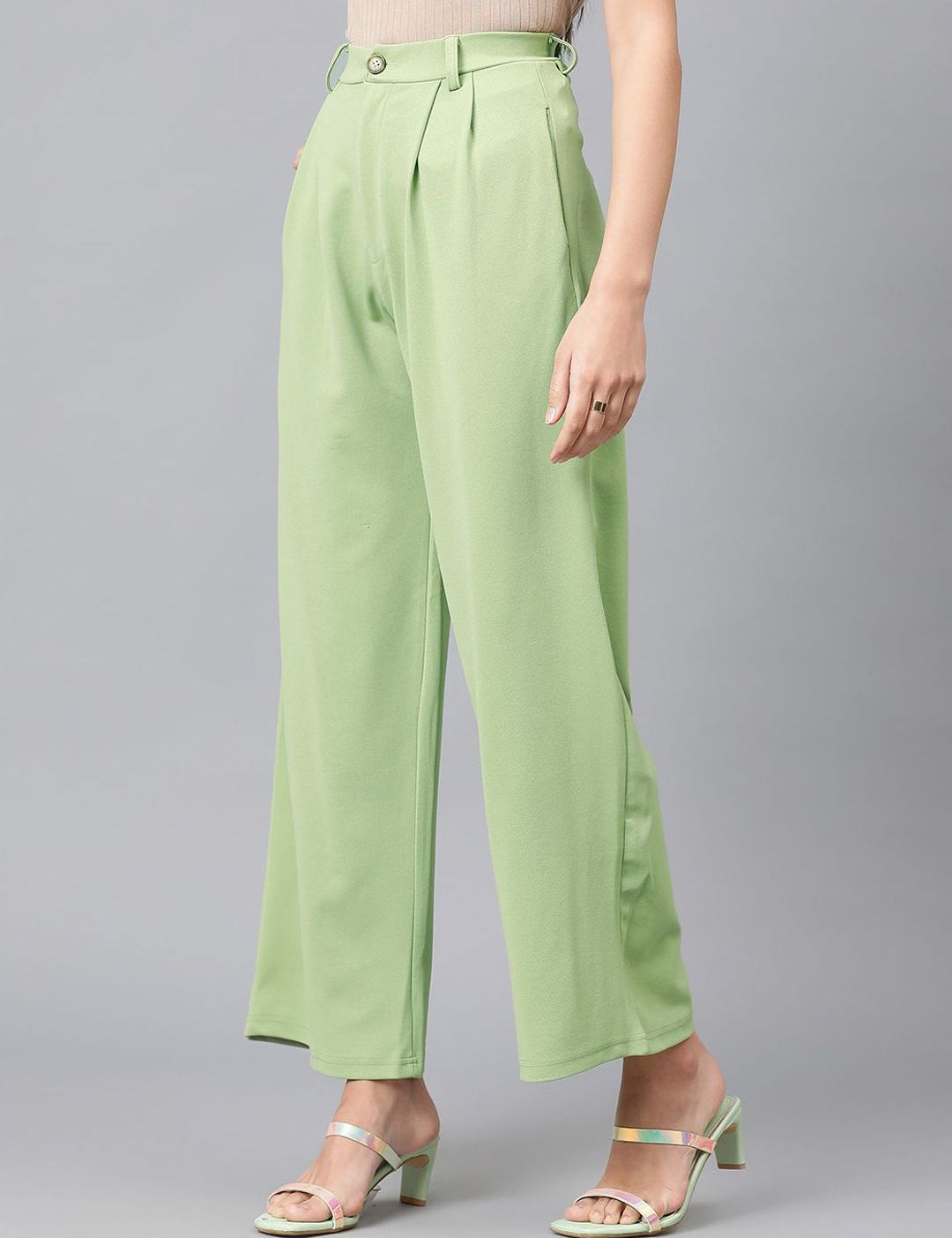Kotty Women Green High-Rise Easy Wash Pleated Parallel Trousers