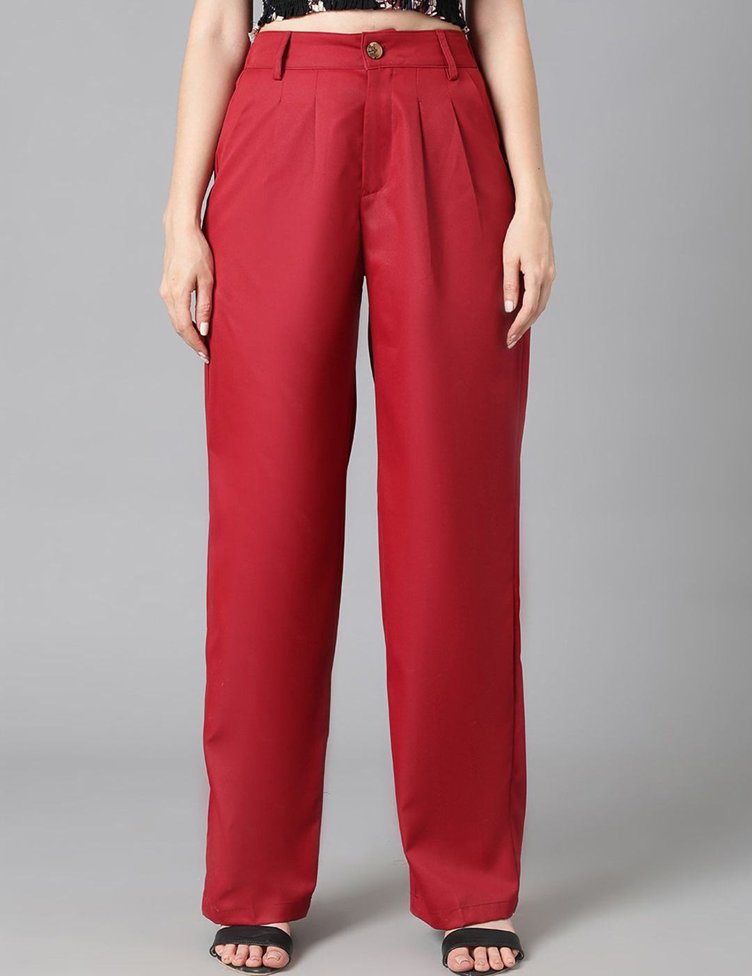 Kotty Women Maroon Relaxed Straight Leg High-Rise Easy Wash Pleated Parallel Trousers