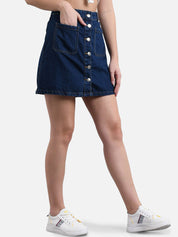 Kotty Women Blue Solid Denim A-Line Mini Skirt