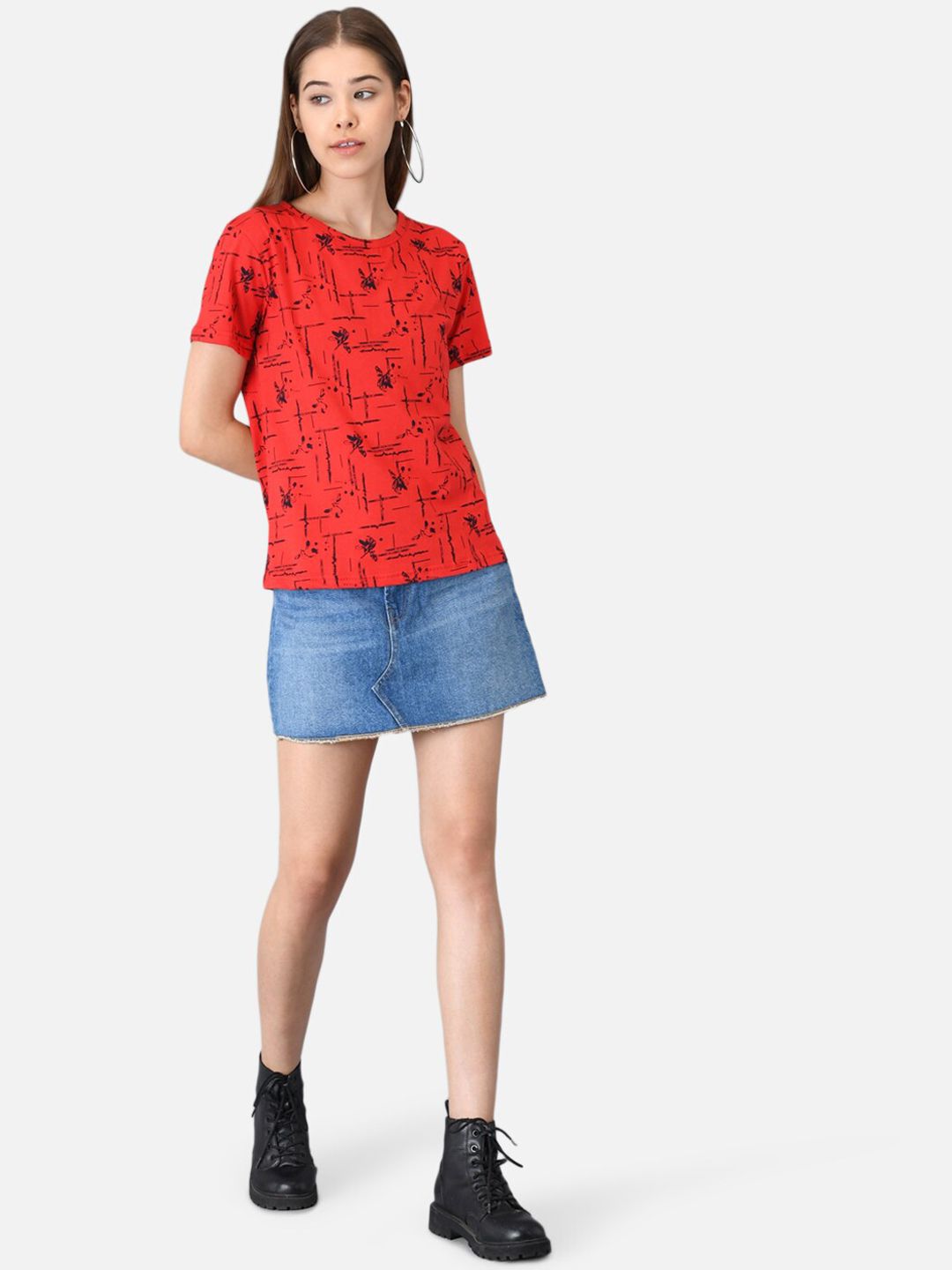 Kotty Women Red Printed Round Neck T-shirt