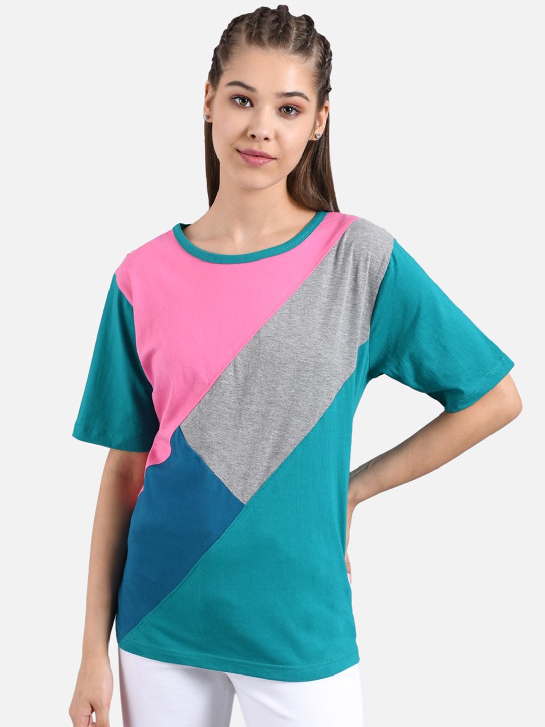 Kotty Women Pink And Blue Colourblocked Round Neck T-shirt