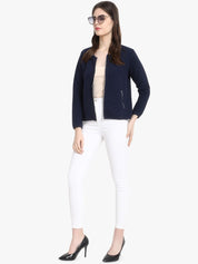 Kotty Women Navy Blue Self Design Lightweight Tailored Jacket