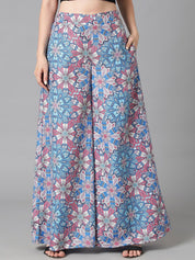 Kotty Women Blue Floral Printed Relaxed Flared Easy Wash Parallel Trousers