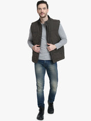 Kotty Men Olive Green Solid Padded Sleeveless Jacket