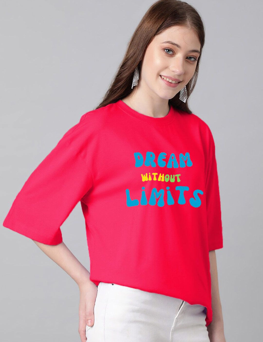 Kotty Pink & Blue Typography Printed Drop Shoulder Sleeves Oversized Casual T-Shirt
