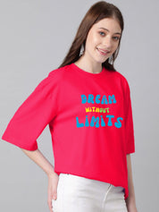 Kotty Pink & Blue Typography Printed Drop Shoulder Sleeves Oversized Casual T-Shirt