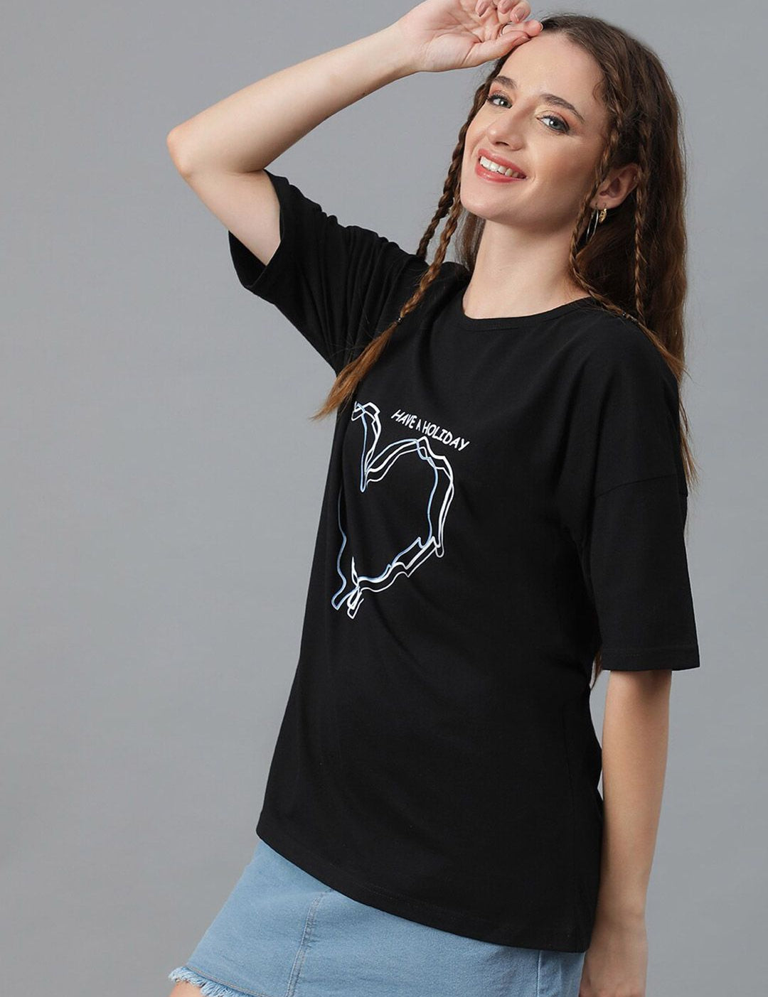 Kotty Graphic Printed Round Neck  Drop-Shoulder Sleeves Pure Cotton Oversized T-shirt