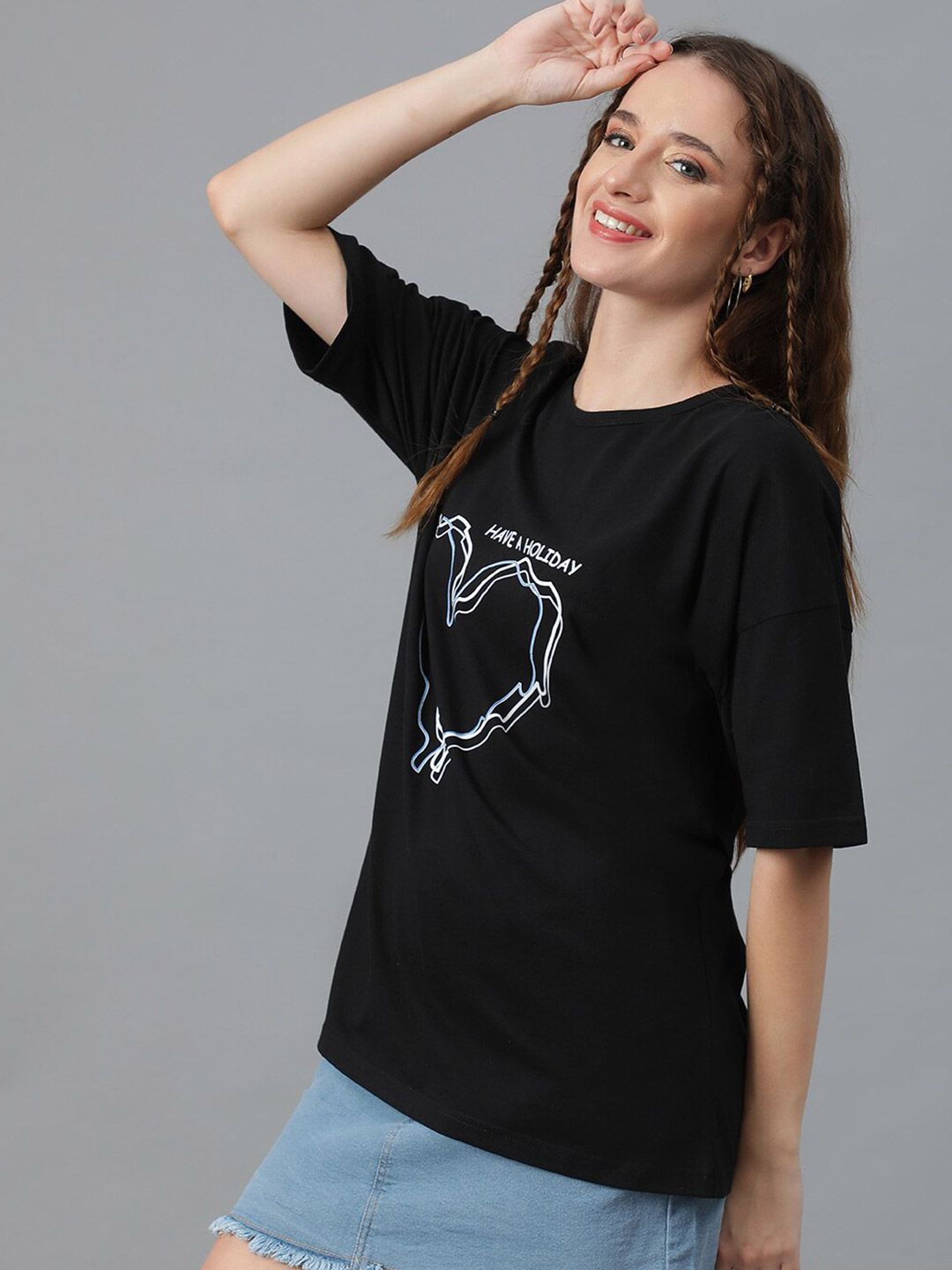 Kotty Graphic Printed Round Neck  Drop-Shoulder Sleeves Pure Cotton Oversized T-shirt