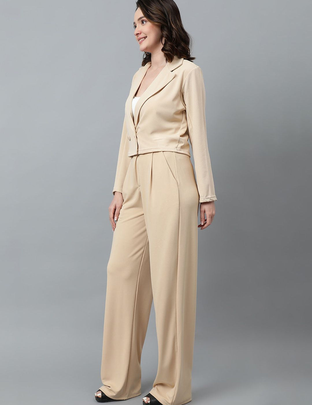 KOTTY BIZwear Beige Notched Lapel Collar Blazer & Mid Rise Trouser