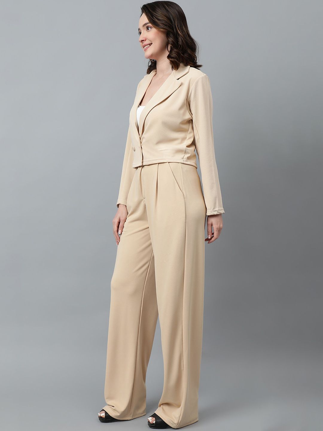 KOTTY BIZwear Beige Notched Lapel Collar Blazer & Mid Rise Trouser