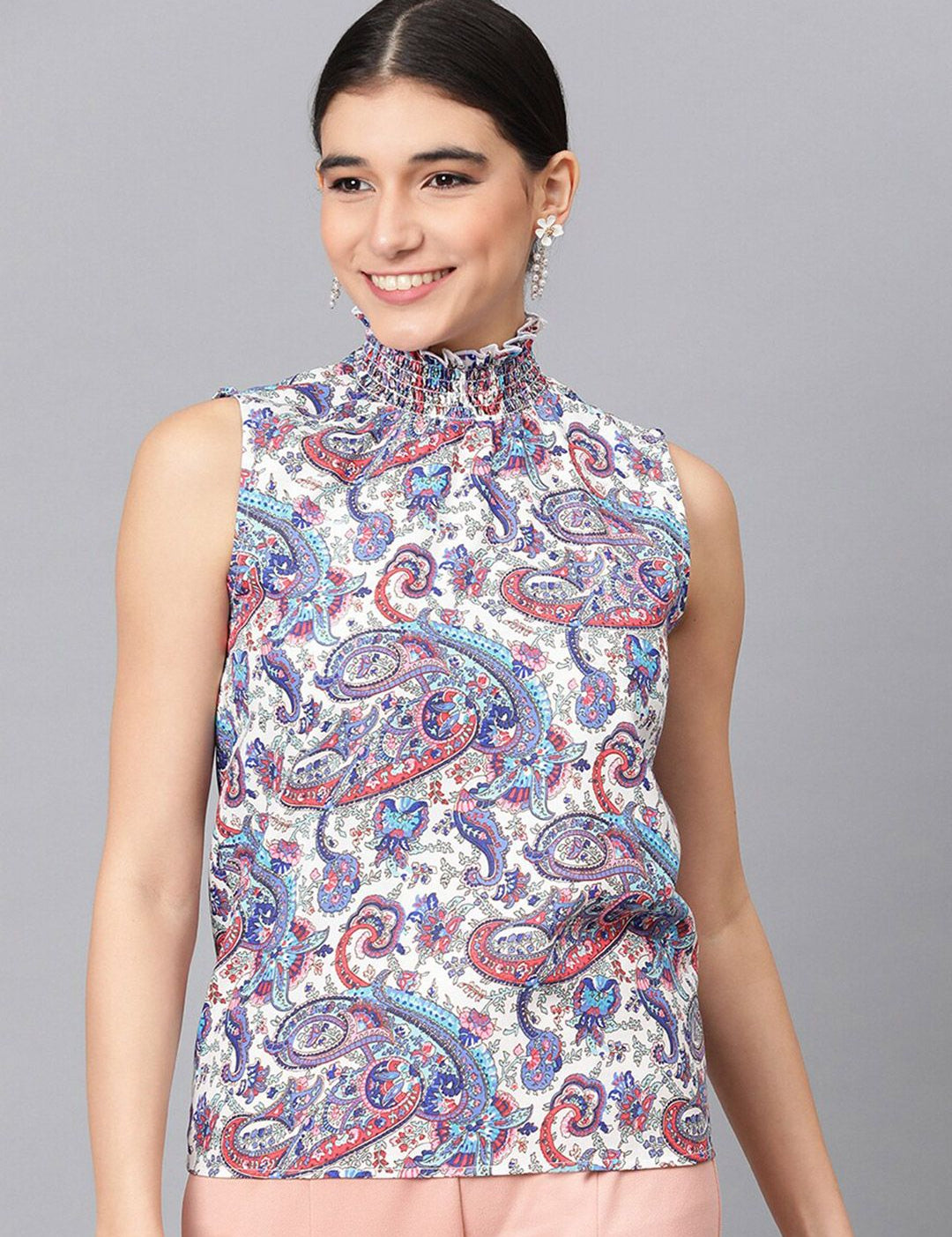 Kotty White Floral Printed High Neck Crepe Top