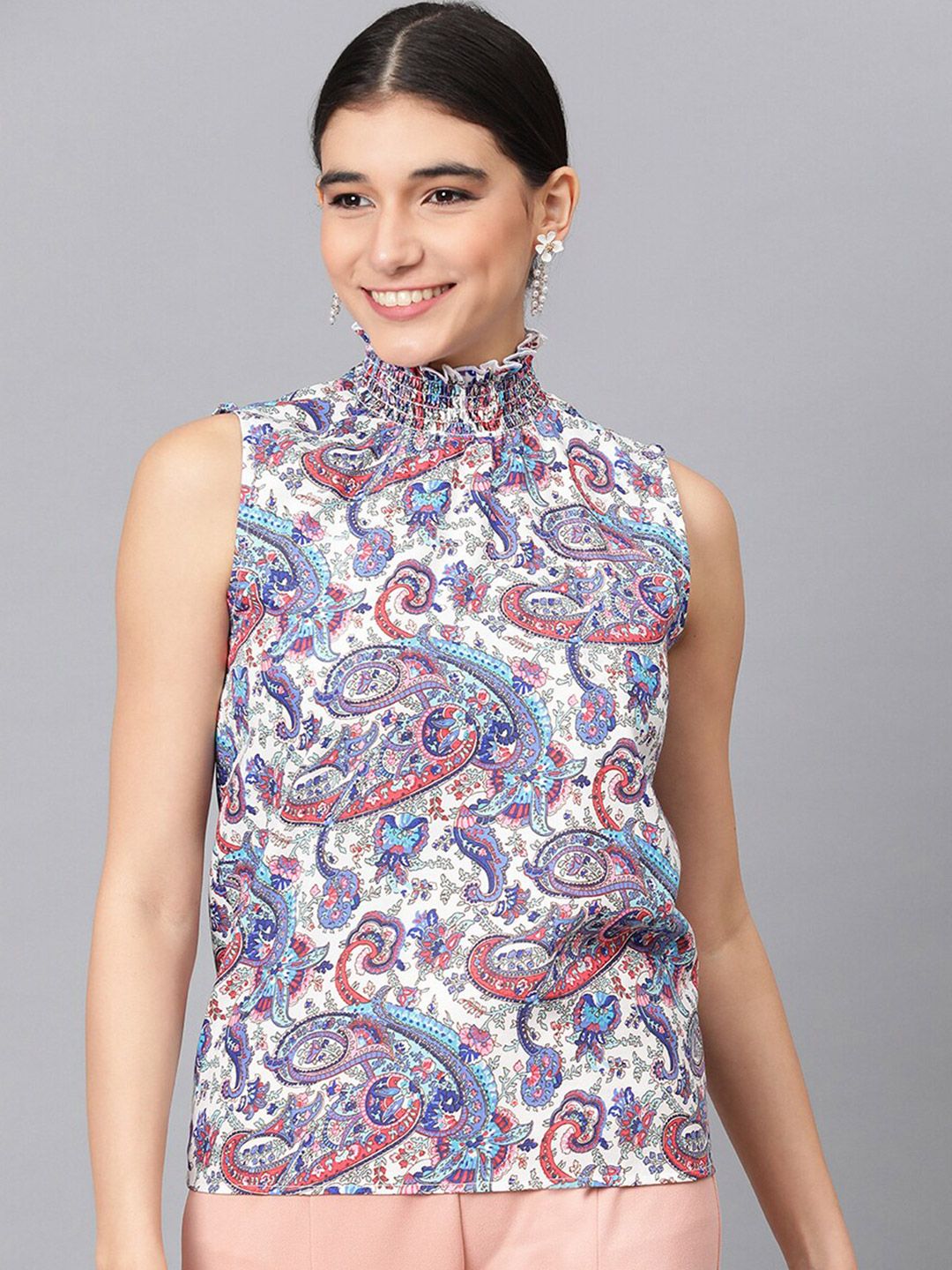 Kotty White Floral Printed High Neck Crepe Top