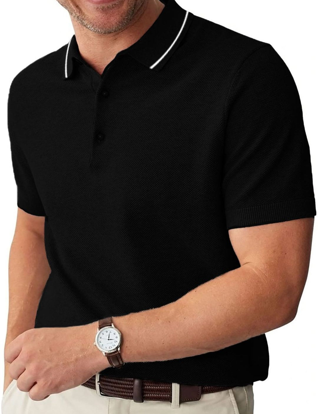 Kotty Black Polo Collar Short Sleeves Cotton Casual T-shirt