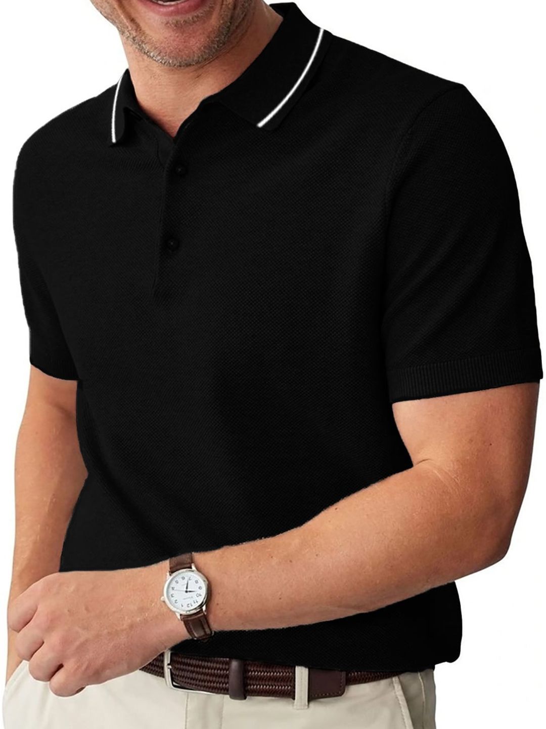 Kotty Black Polo Collar Short Sleeves Cotton Casual T-shirt