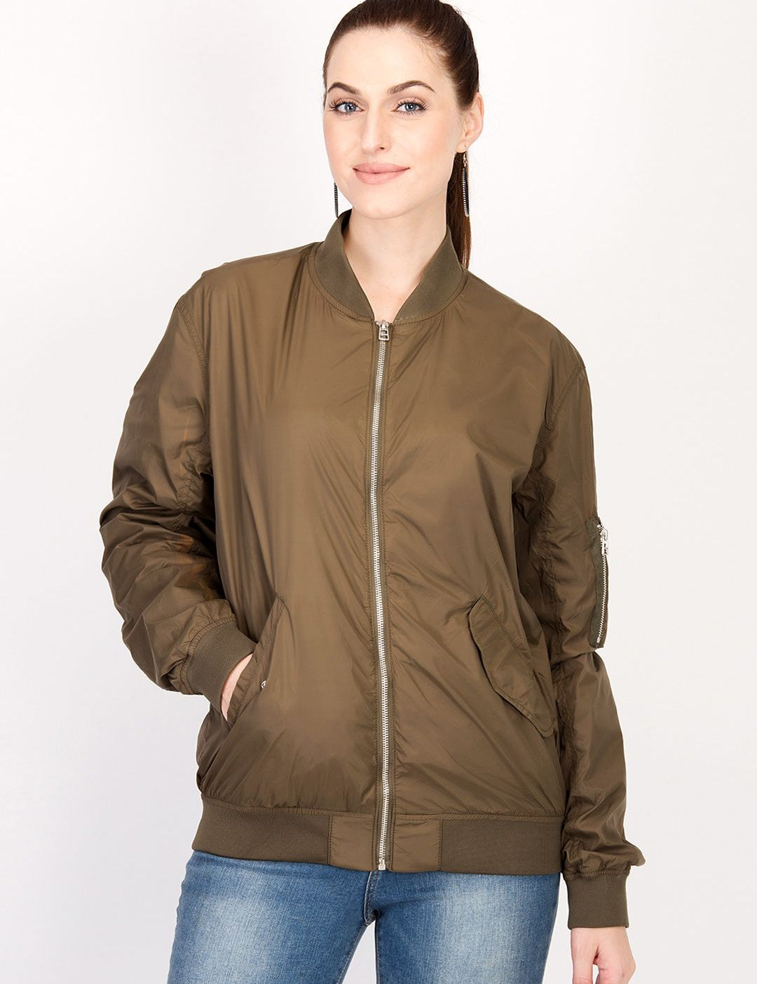 Kotty Women Brown Solid Insulator Bomber Jacket