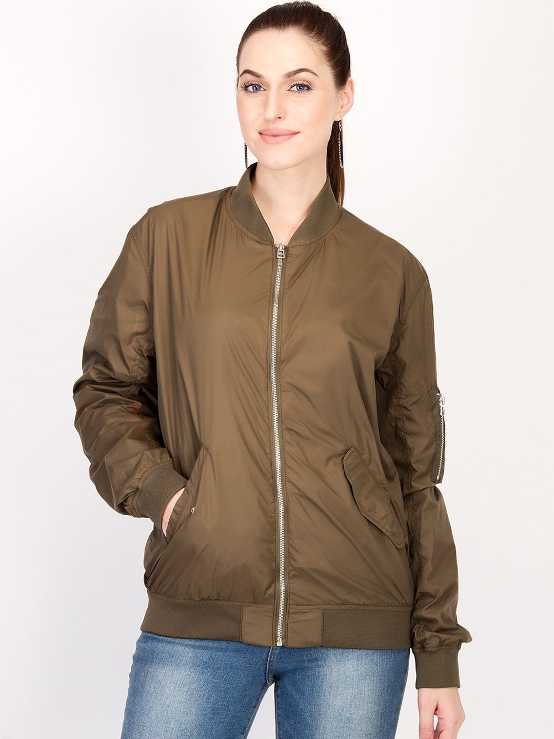 Kotty Women Brown Solid Insulator Bomber Jacket
