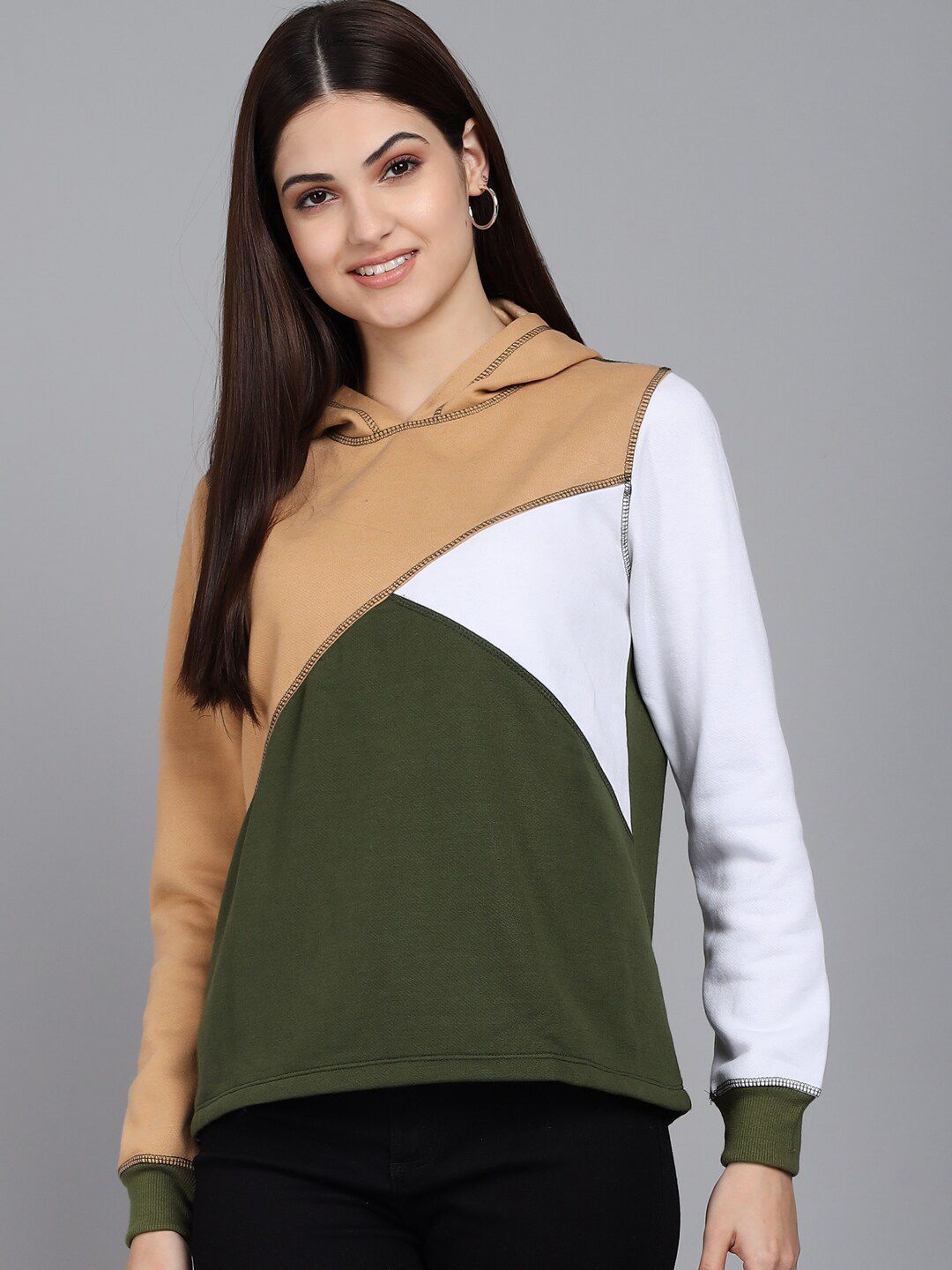 Kotty Women Beige Colourblocked Hooded Sweatshirt