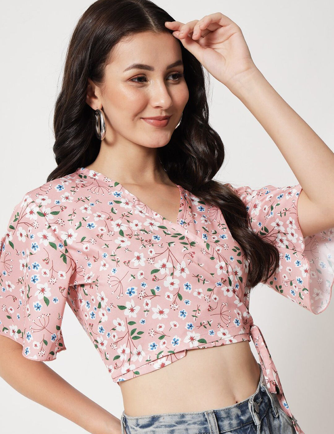 Kotty Floral Printed Flared Sleeves Wrap Crop Top