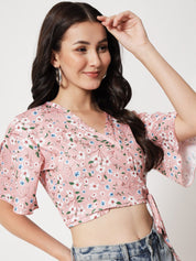 Kotty Floral Printed Flared Sleeves Wrap Crop Top