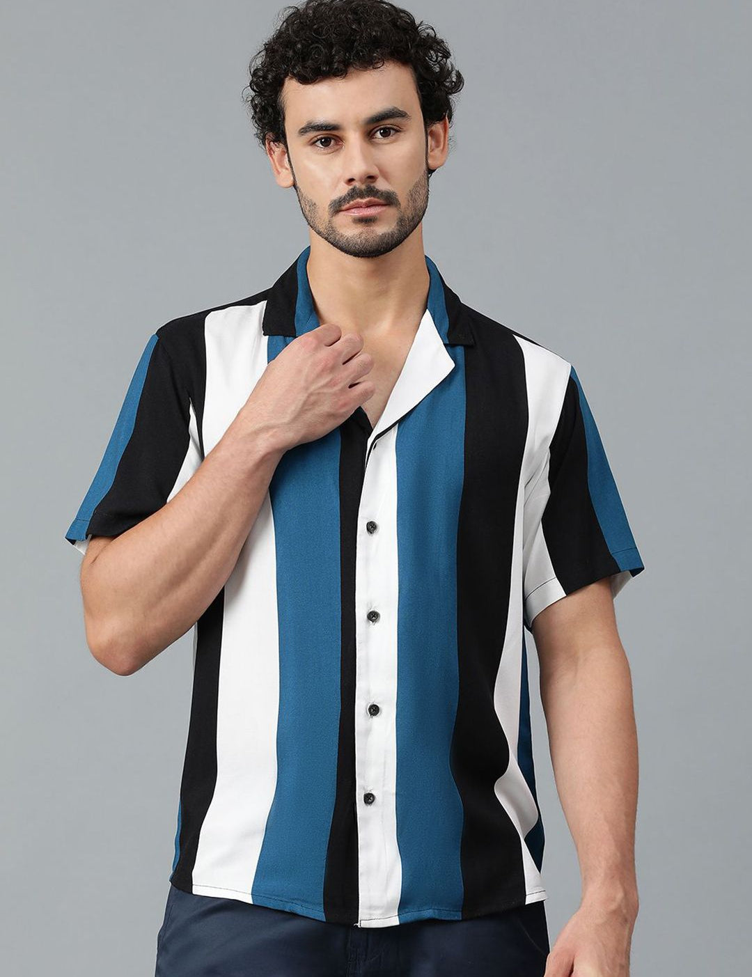 Kotty Men Cuban Collar Striped Casual Shirt