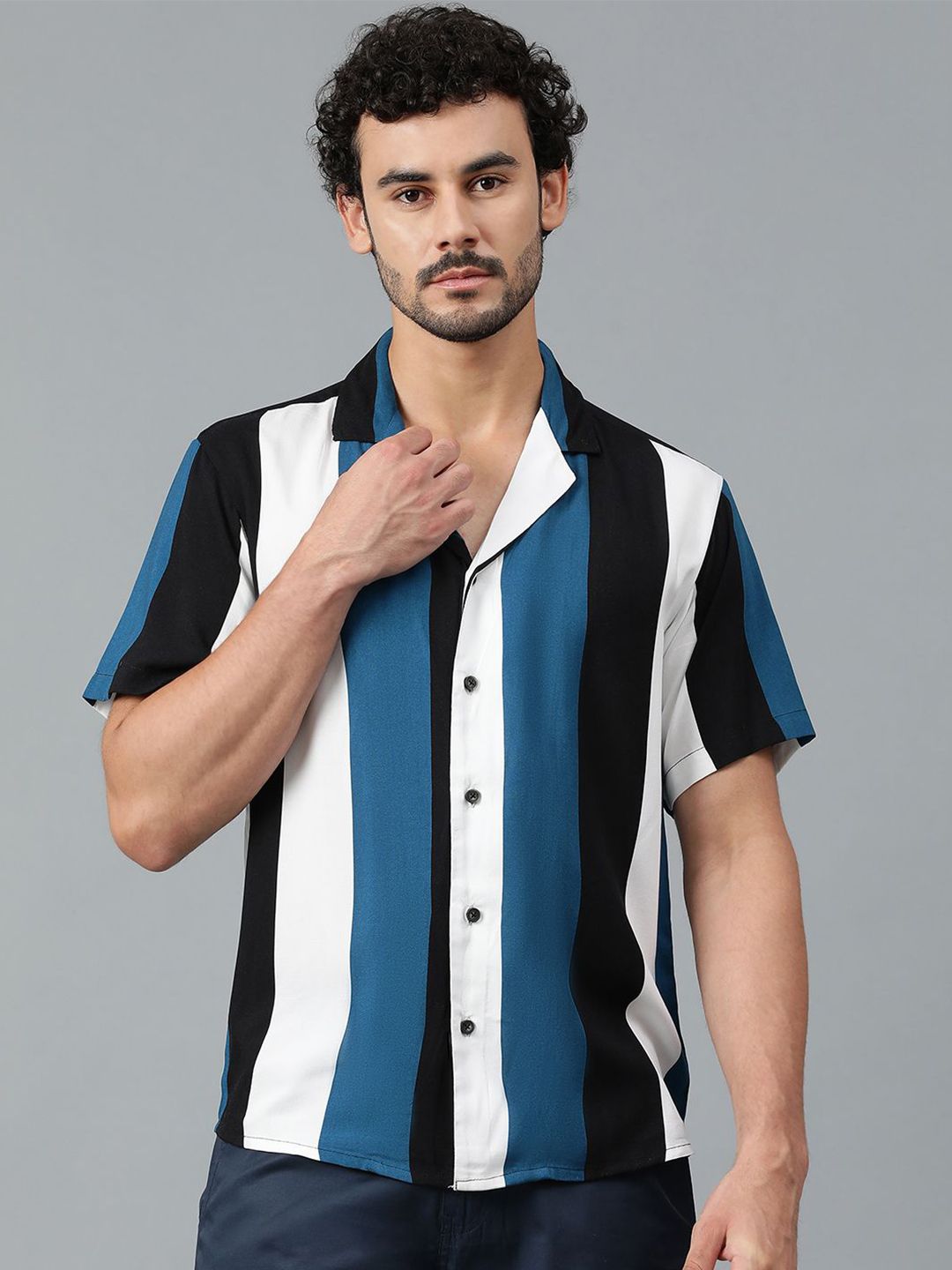 Kotty Men Cuban Collar Striped Casual Shirt