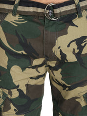 Kotty Men Olive Green & Yellow Camouflage Printed Regular Fit Cargo Shorts