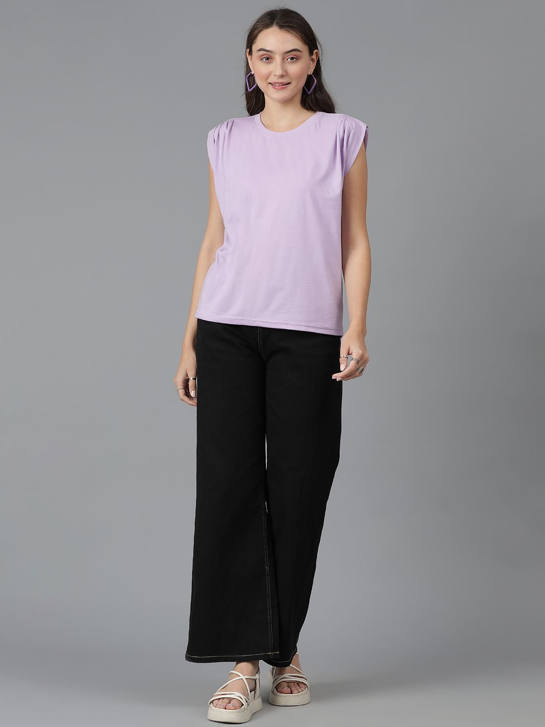 Kotty Purple Cap Sleeves Cotton Casual T-shirt