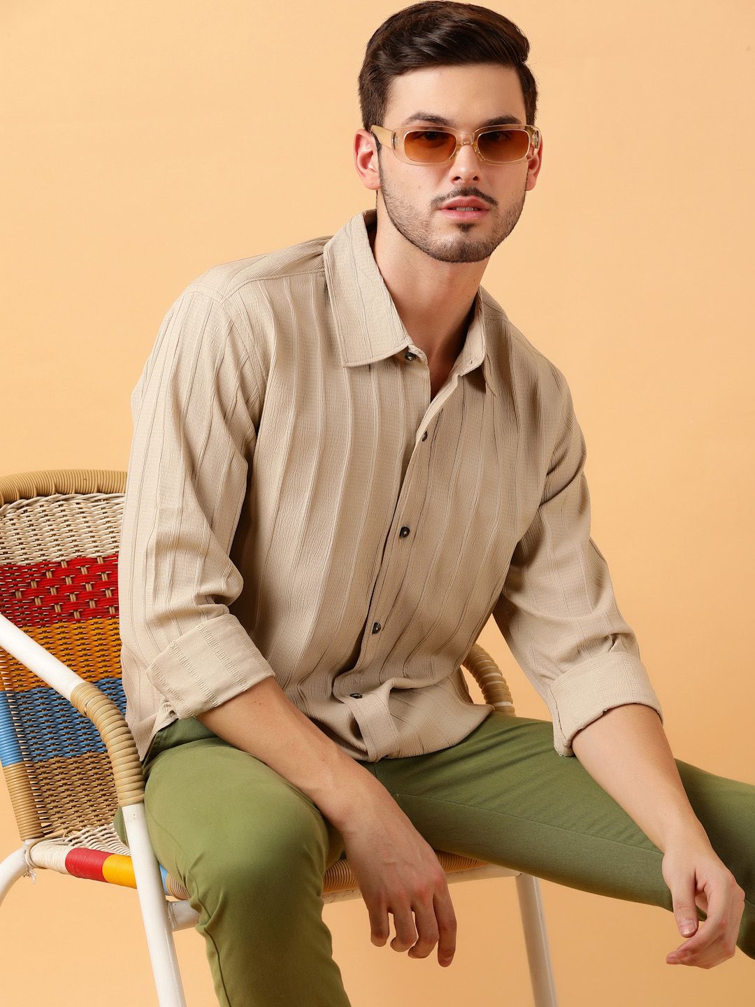 Kotty Men Relaxed Spread Collar Textured Cotton Casual Shirt