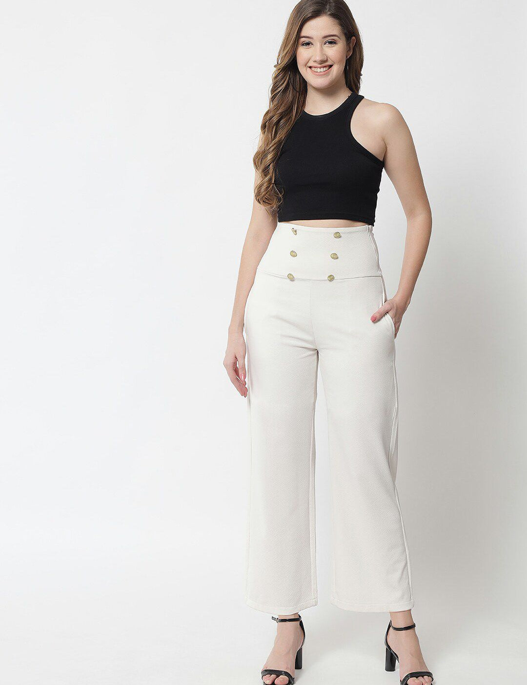 Kotty Women White Solid Relaxed Straight Fit High-Rise Parallel Trousers