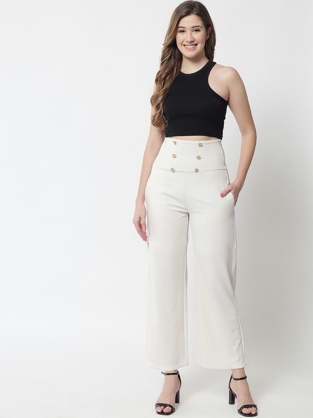 Kotty Women White Solid Relaxed Straight Fit High-Rise Parallel Trousers