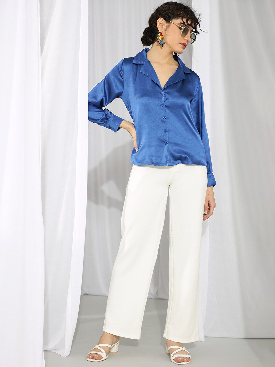 Kotty Blue Cuffed Sleeves Satin Shirt Style Top