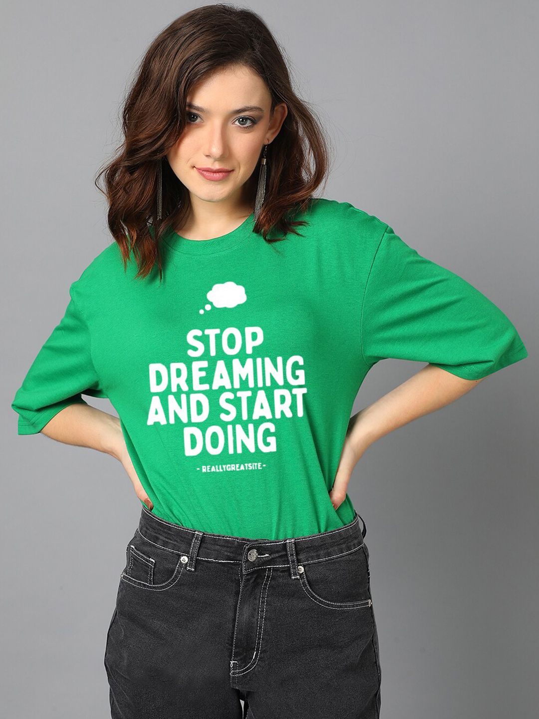 Kotty Green Typography Printed Drop-Shoulder Sleeves Oversized T-shirt