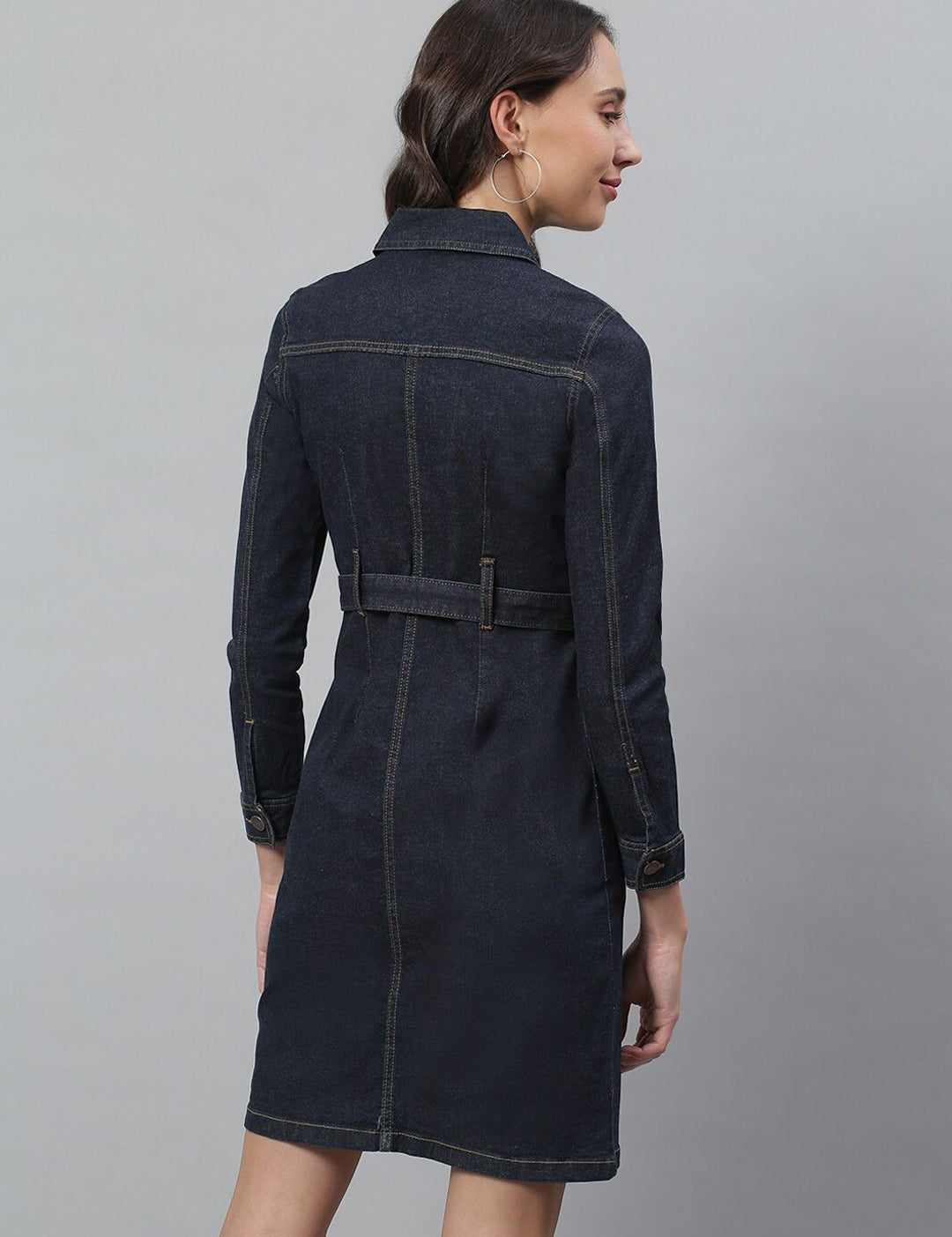 Kotty Women Blue Solid Denim Shirt Dress & Belt