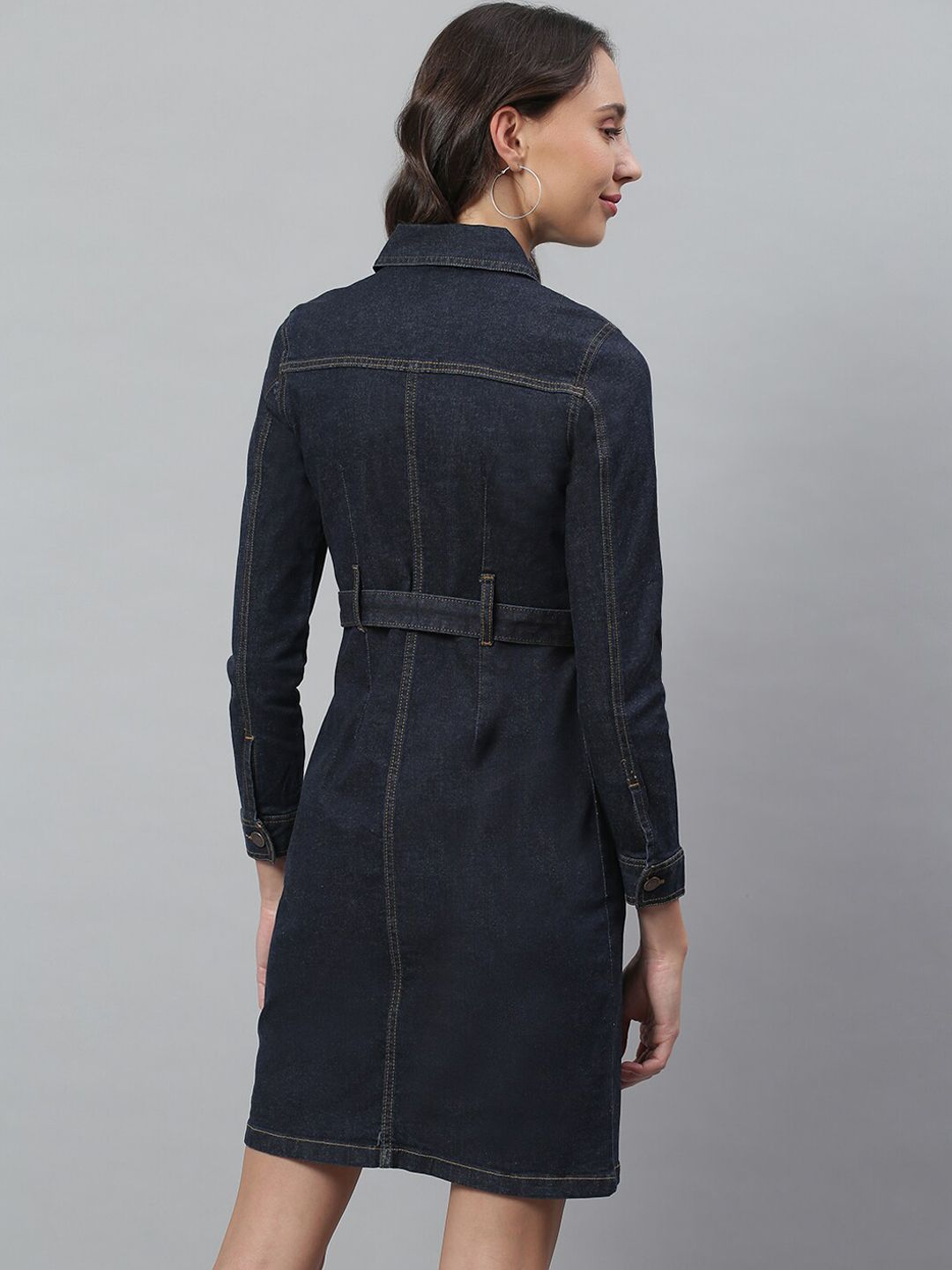 Kotty Women Blue Solid Denim Shirt Dress & Belt