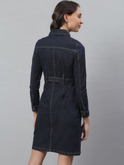 Kotty Women Blue Solid Denim Shirt Dress & Belt