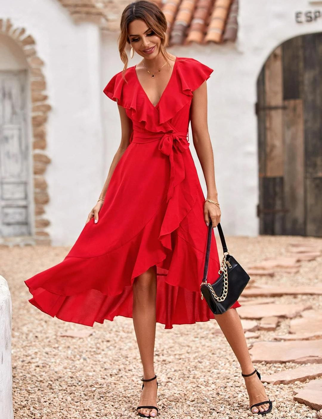 Kotty Red Ruffled Wrap Midi Dress