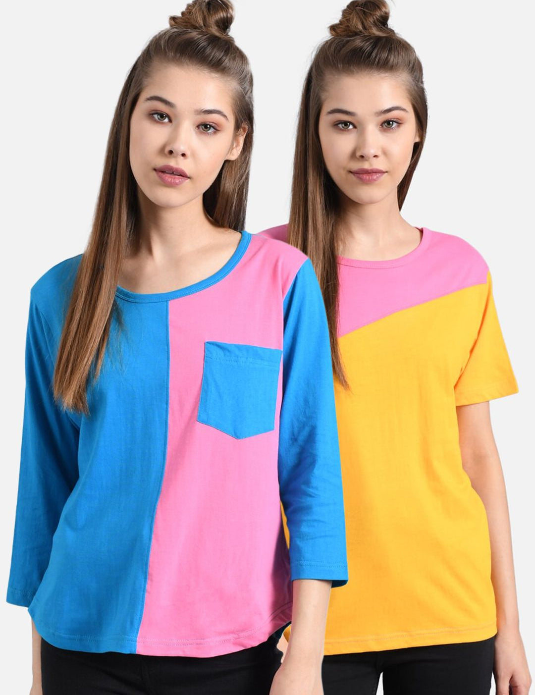Kotty Women Pack of 2 Colourblocked Round Neck T-shirts