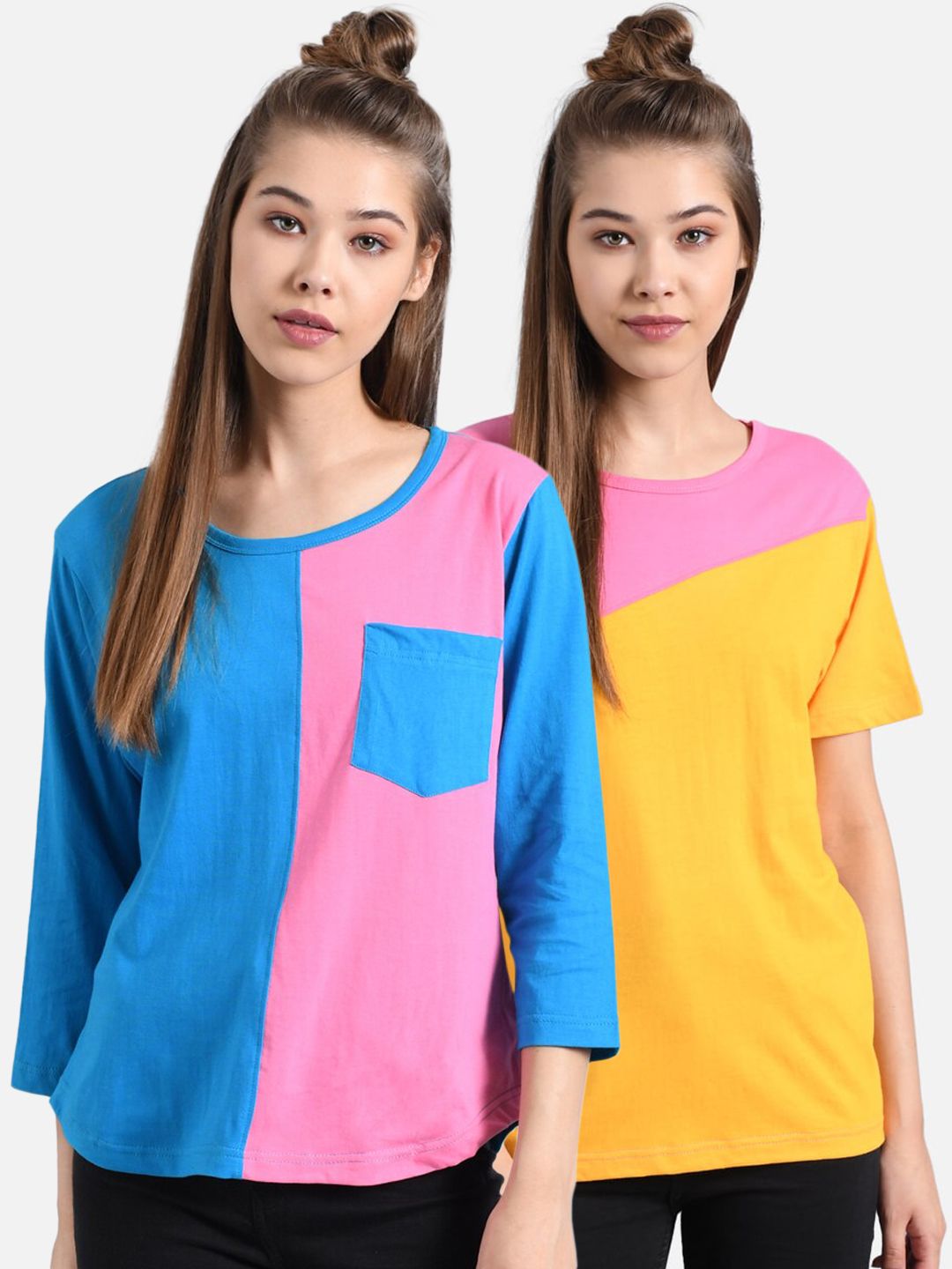Kotty Women Pack of 2 Colourblocked Round Neck T-shirts