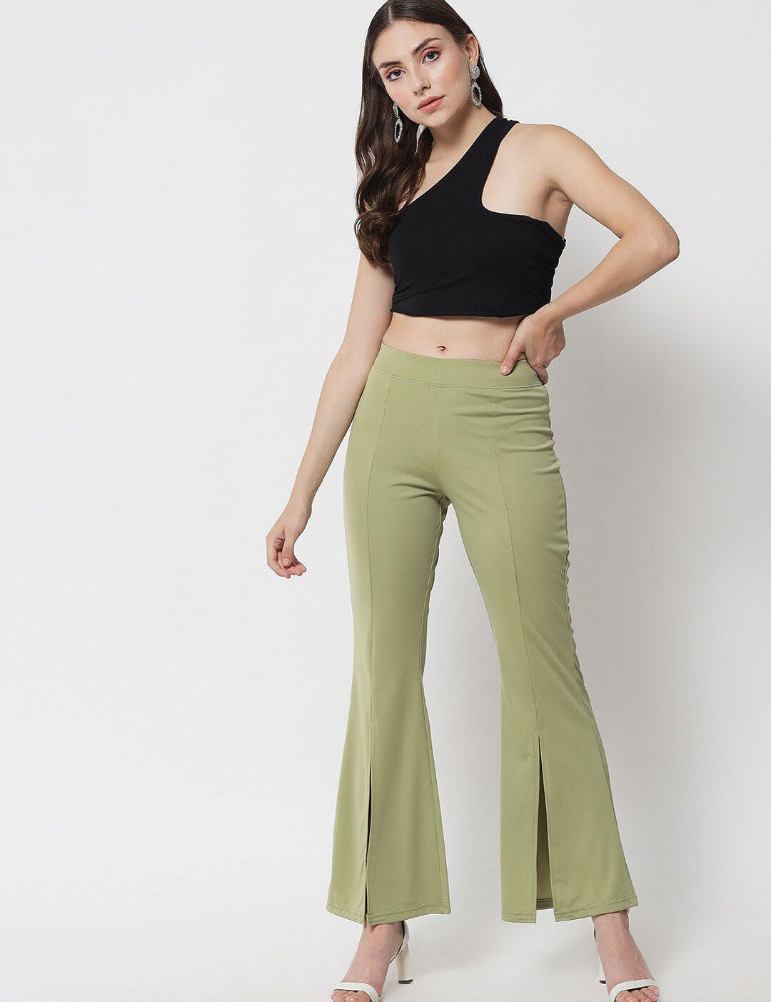 Kotty Women Green Solid Relaxed Fit Bootcut Trousers