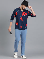 Kotty Navy Blue & Red Floral Printed Spread Collar Relaxed Fit Casual Shirt