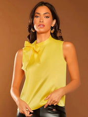 Kotty Yellow Tie-Up Neck Sleeveless Satin Top