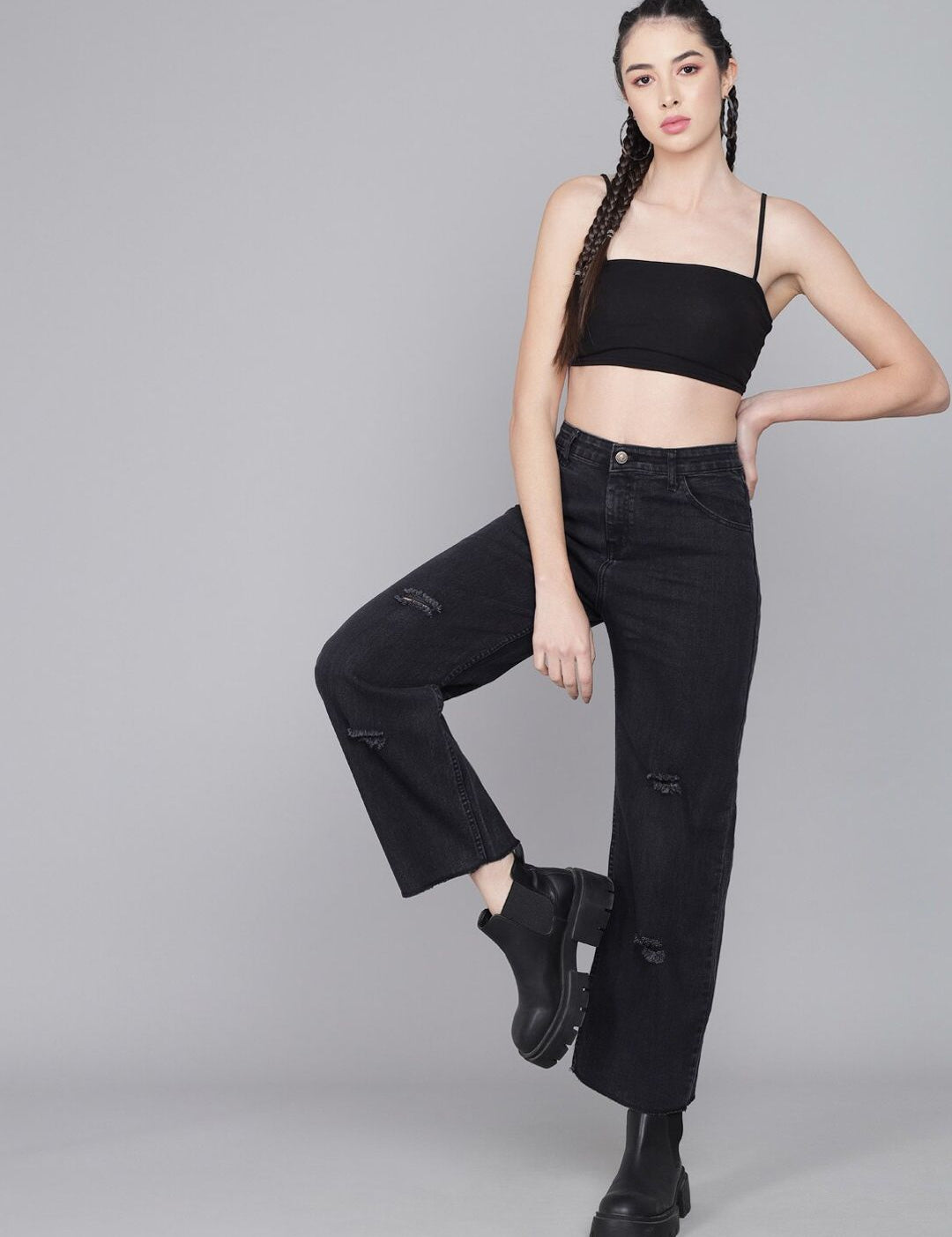 Kotty Women Black Flared High-Rise Mildly Distressed Jeans