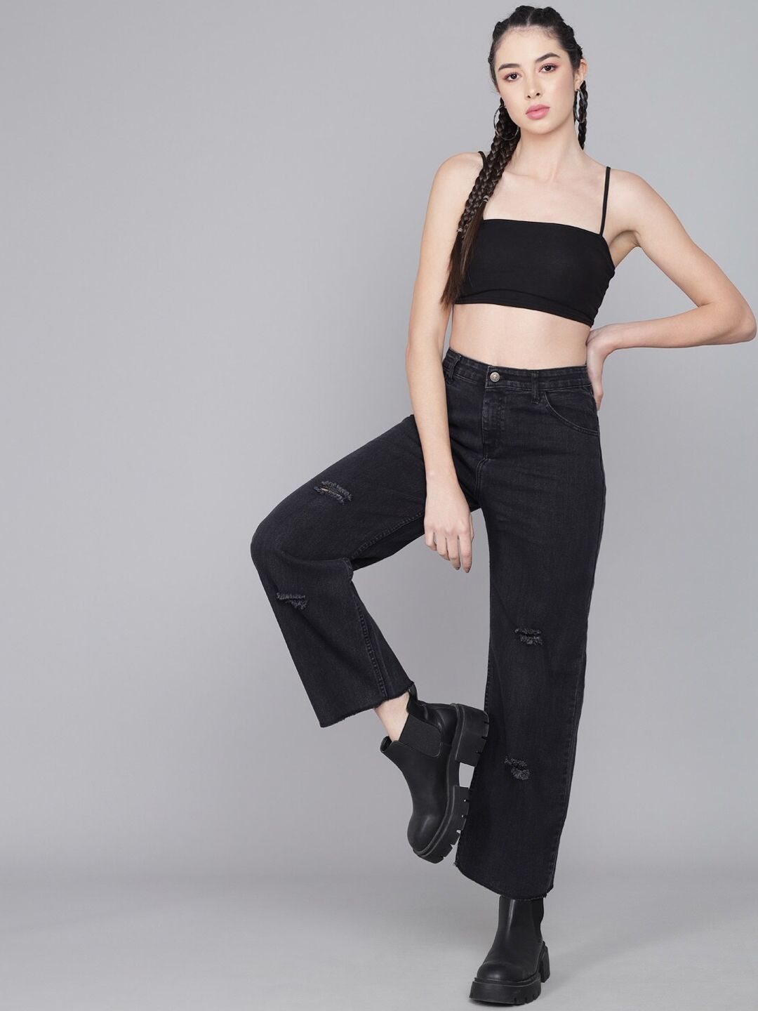 Kotty Women Black Flared High-Rise Mildly Distressed Jeans