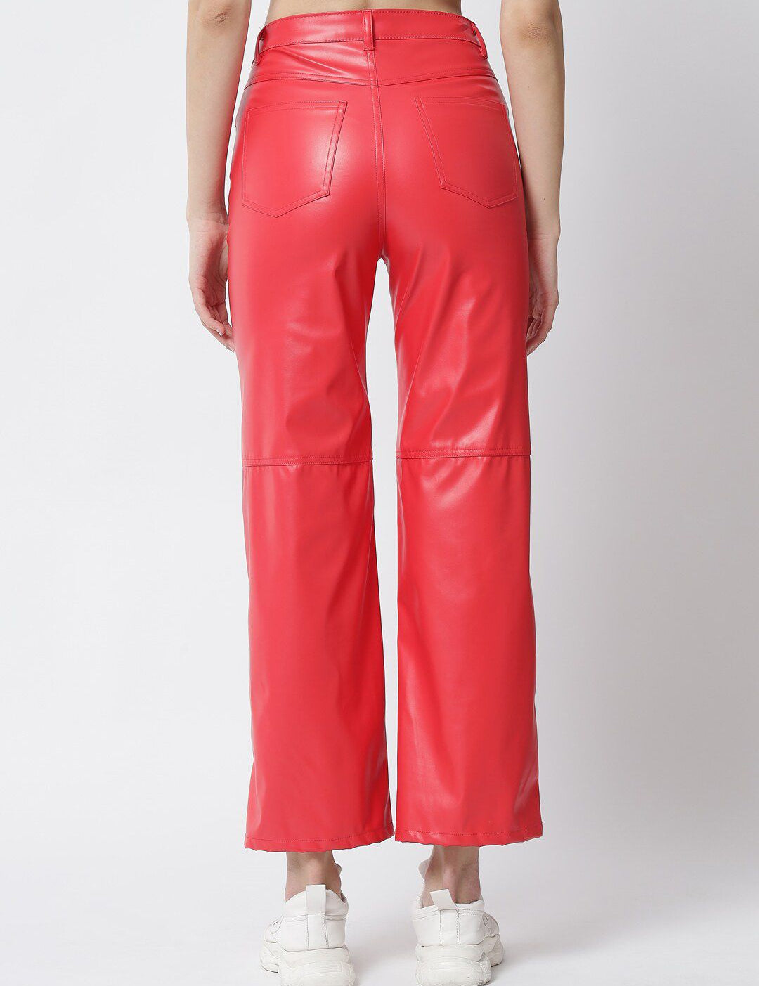 Kotty Women Red Relaxed Straight Fit Faux Leather Trousers