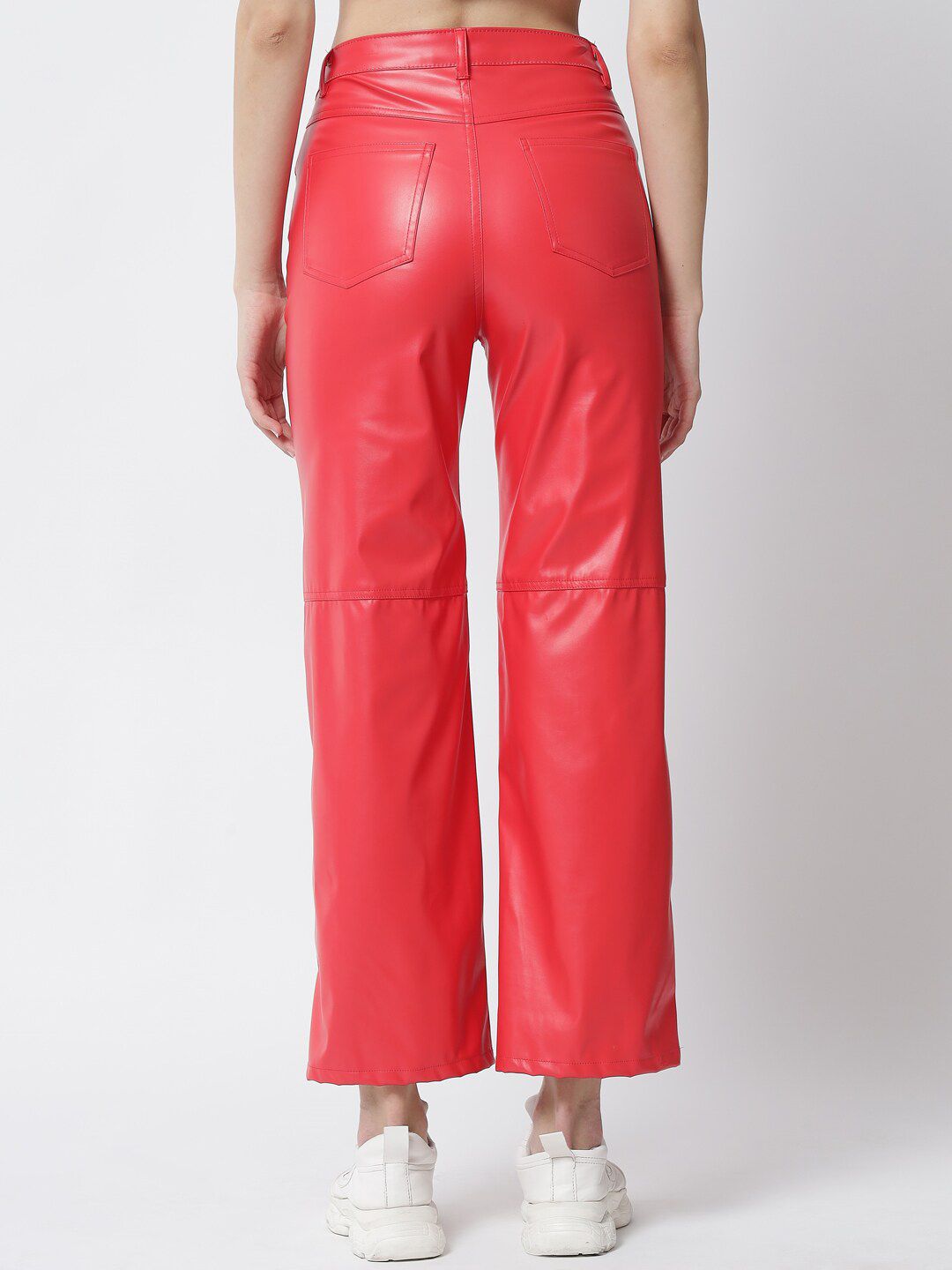 Kotty Women Red Relaxed Straight Fit Faux Leather Trousers