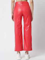 Kotty Women Red Relaxed Straight Fit Faux Leather Trousers