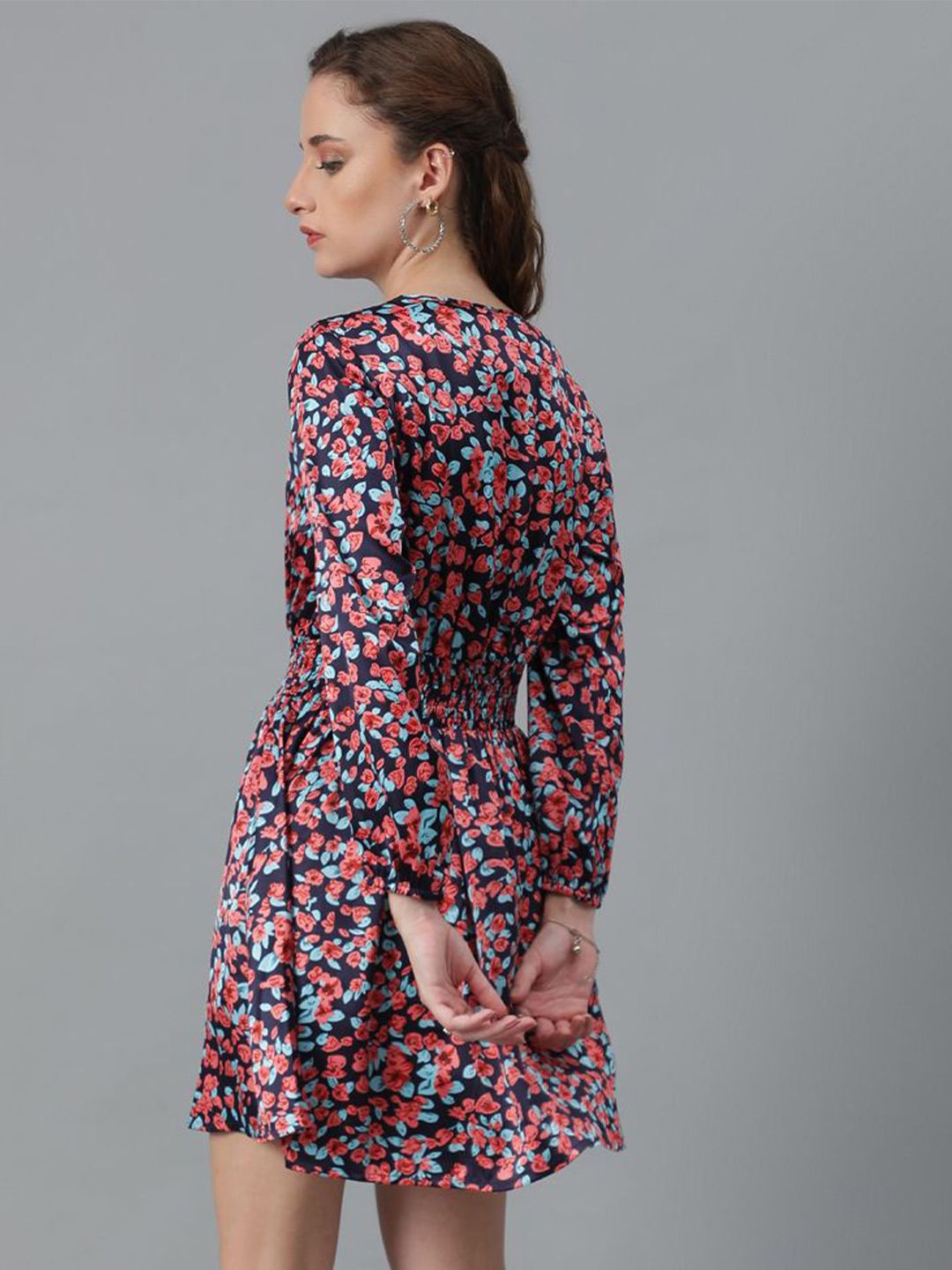 Kotty Black Floral Printed Tie-Up Neck Puff Sleeves Fit & Flare Dress