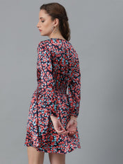 Kotty Black Floral Printed Tie-Up Neck Puff Sleeves Fit & Flare Dress